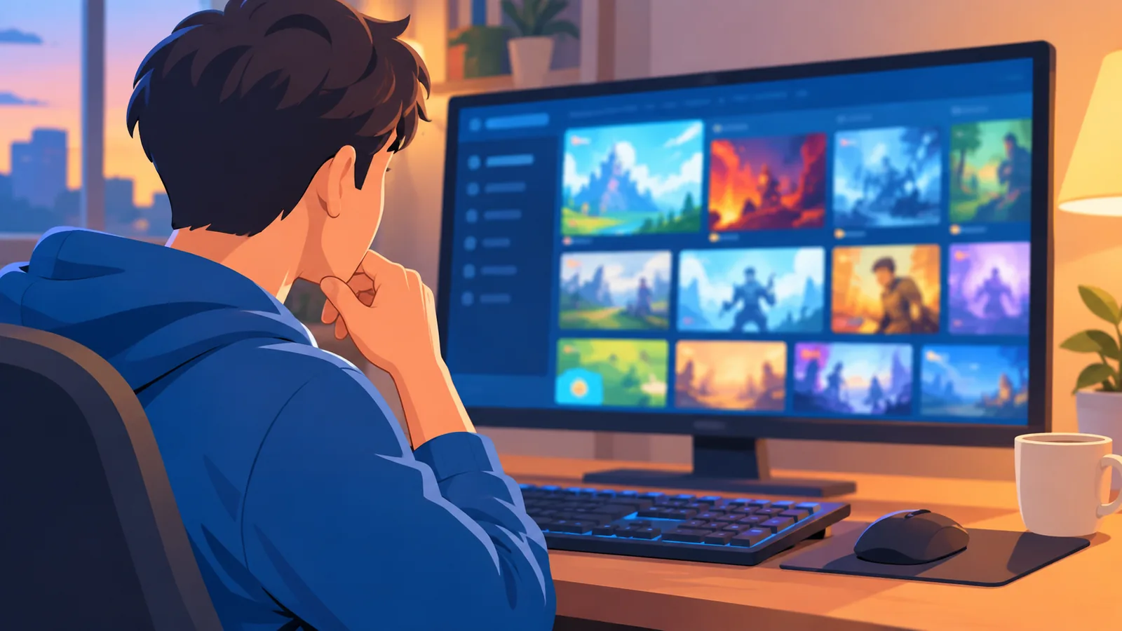 Gamer browsing a library of games on a PC monitor