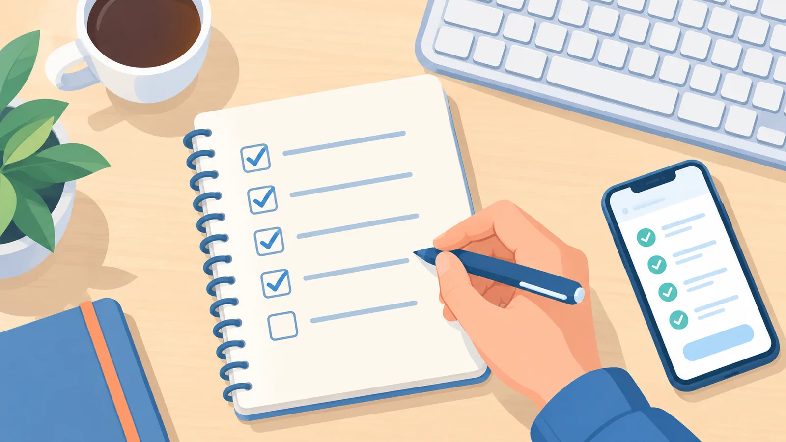 Notebook checklist next to a keyboard