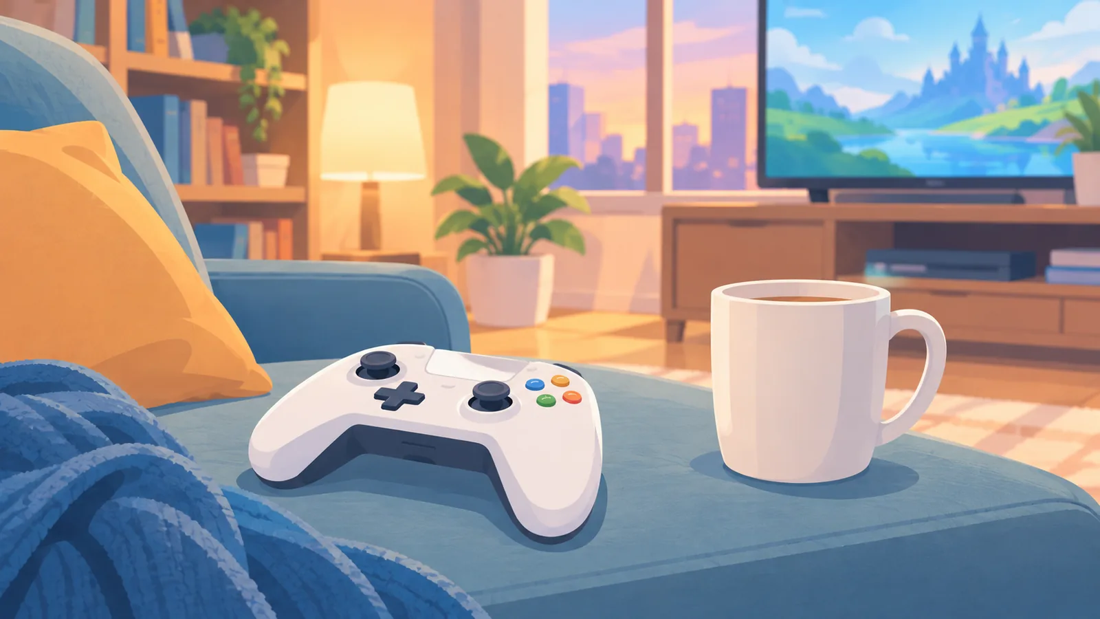Gamepad on a couch beside a mug