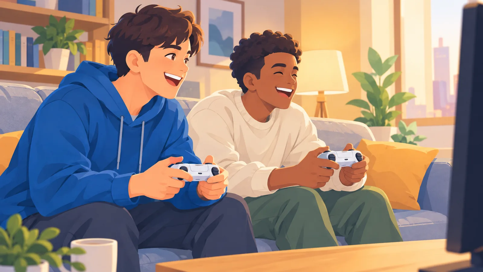 Two friends playing a co-op game together