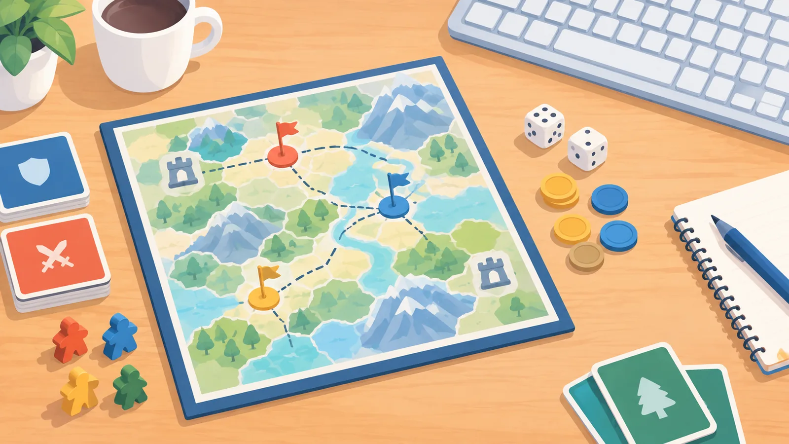 Strategy game pieces beside a keyboard