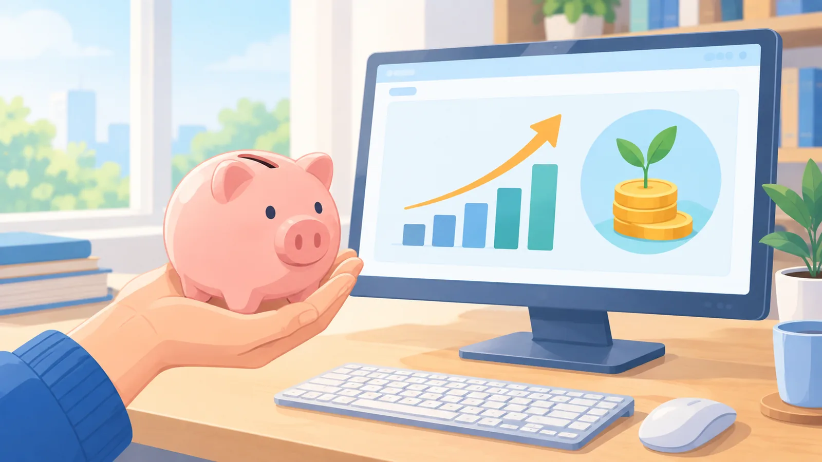 Piggy bank beside a monitor representing budget gaming