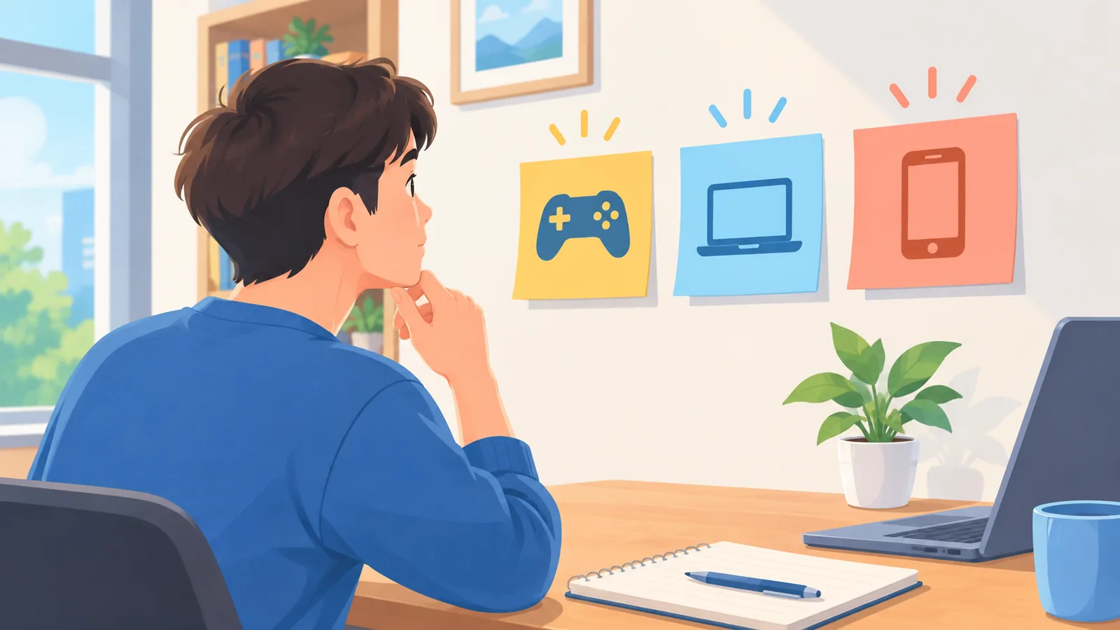 Person choosing between three options at a desk