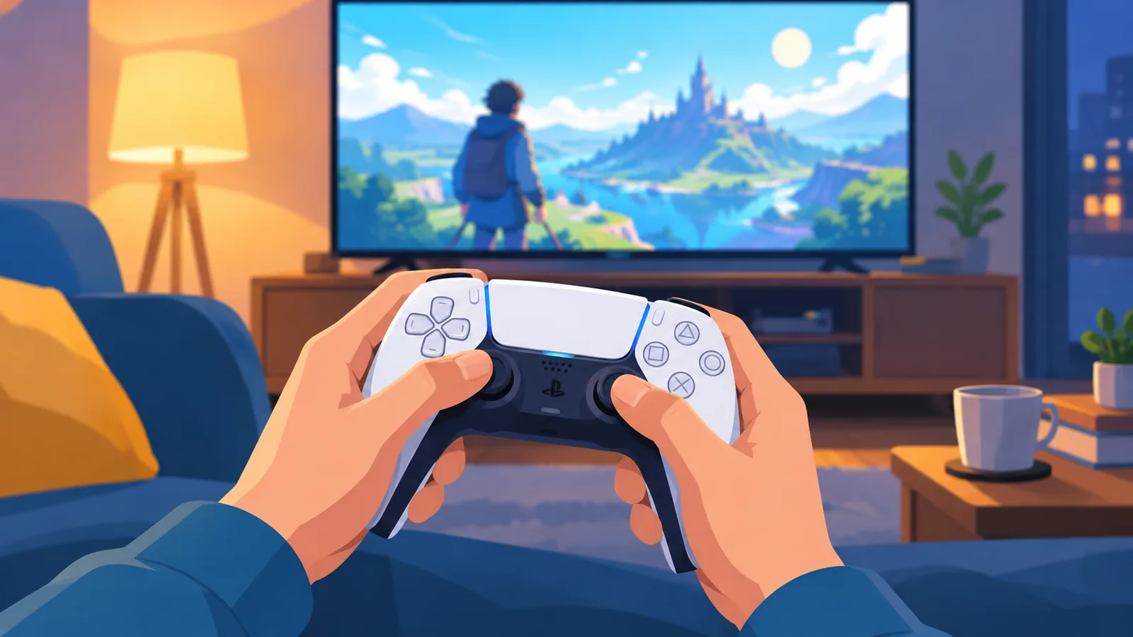 Player holding a PS5 controller in front of a glowing TV