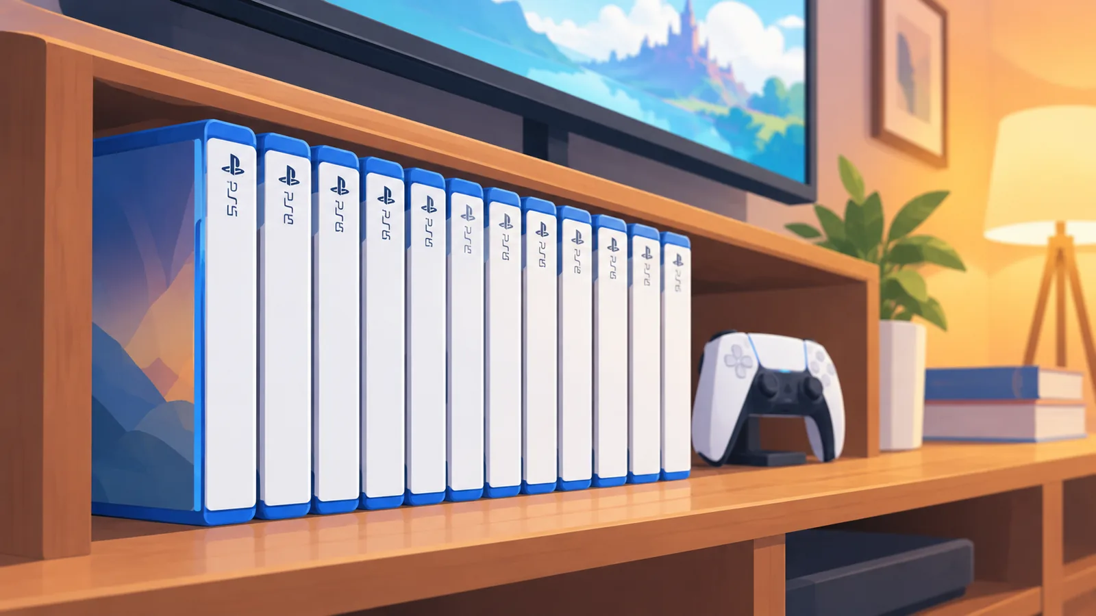 Shelf of PS5 game cases