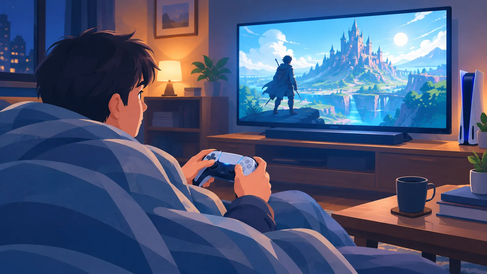 Person playing a story game alone at night