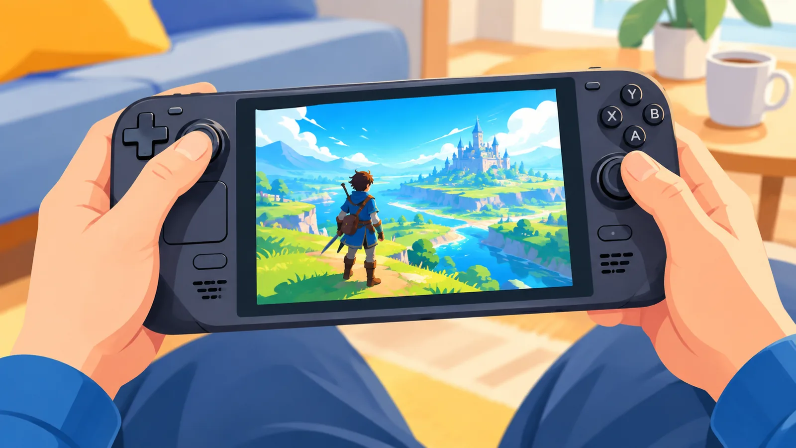 Steam Deck handheld showing a colorful game on its screen