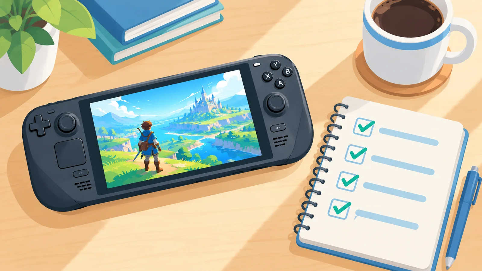 Desk with a Steam Deck and a notebook checklist for choosing games