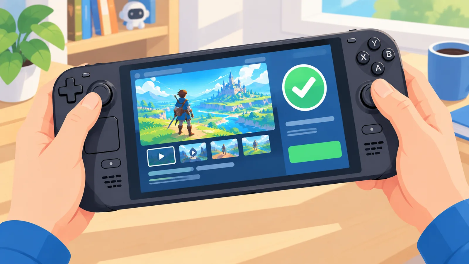 Steam store page with a compatibility badge on a handheld screen