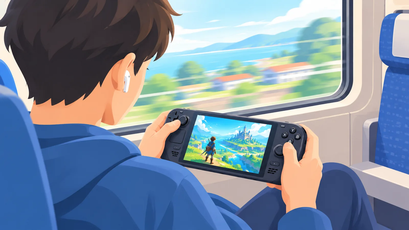 Person playing a Steam Deck on a train during a commute