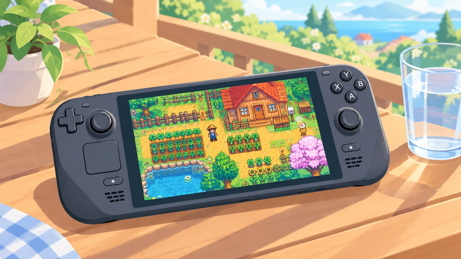 Steam Deck running a farming game on an outdoor porch table