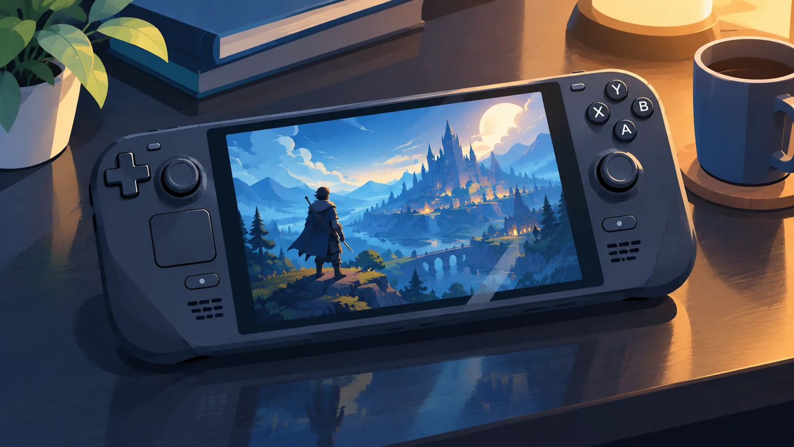 Steam Deck displaying a dramatic fantasy open-world game