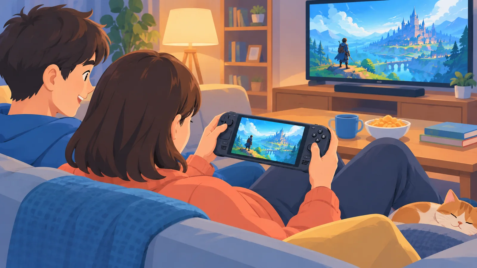 Friends sharing a couch with a Steam Deck and a TV nearby