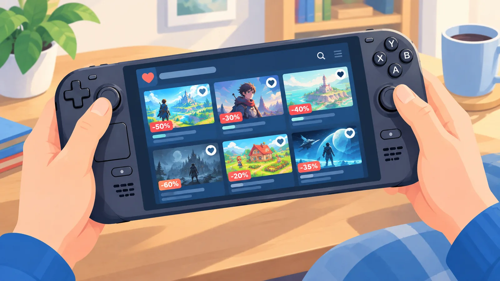 Steam wishlist with sale banners on a handheld screen