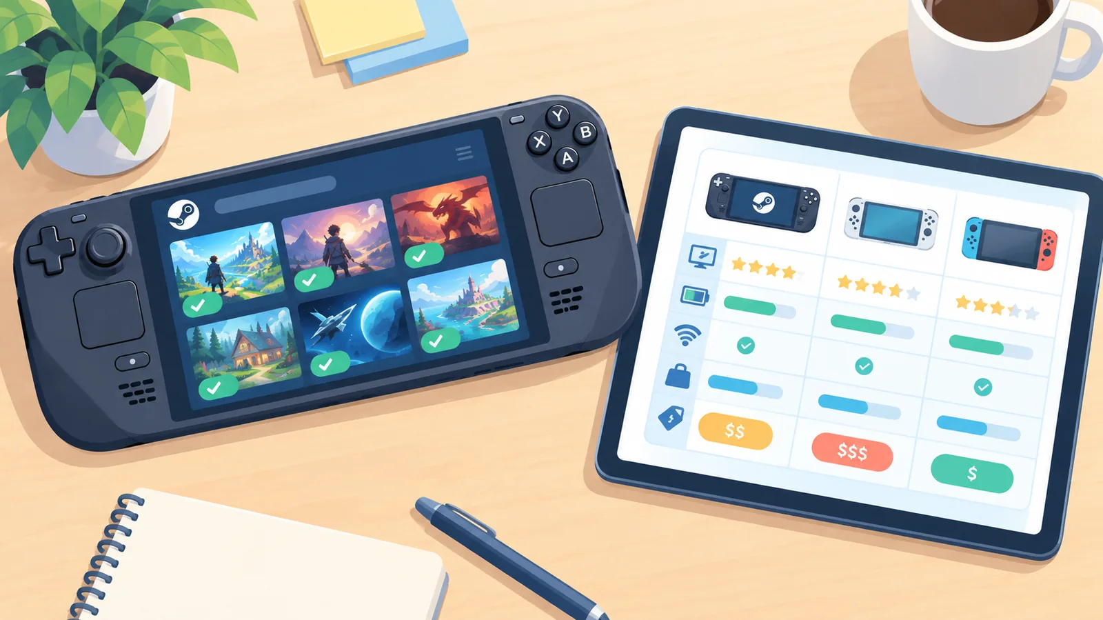 Steam Deck beside a tablet showing a game comparison chart