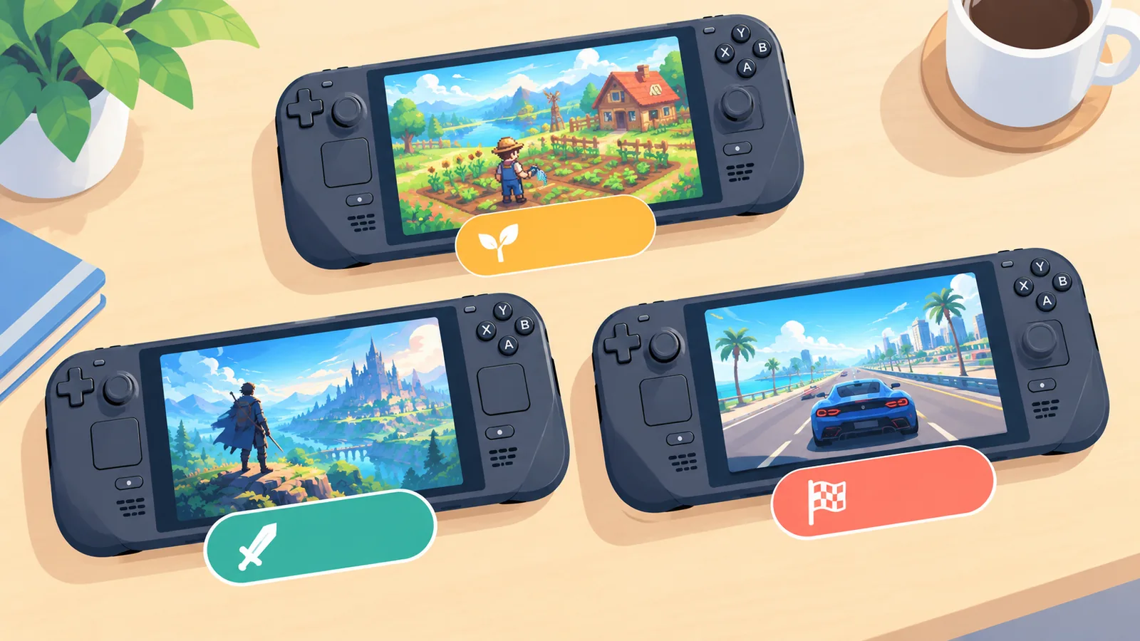 Three Steam Decks showing different game genres side by side
