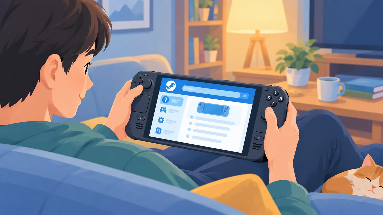 Person reading a help page on a Steam Deck on a couch