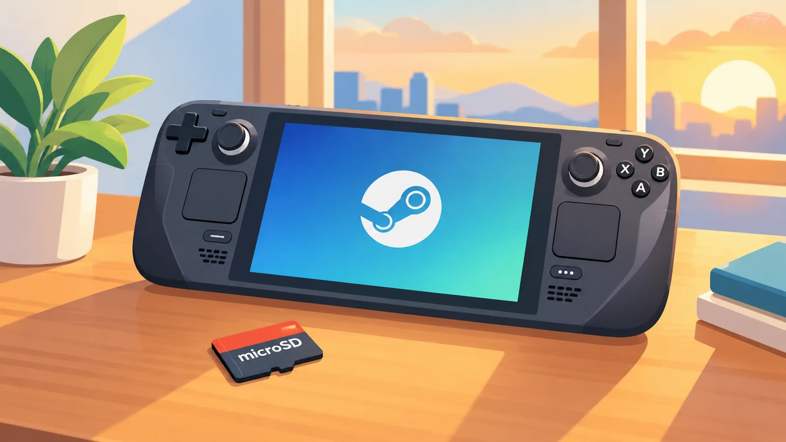 Steam Deck on a desk next to a microSD card and a plant