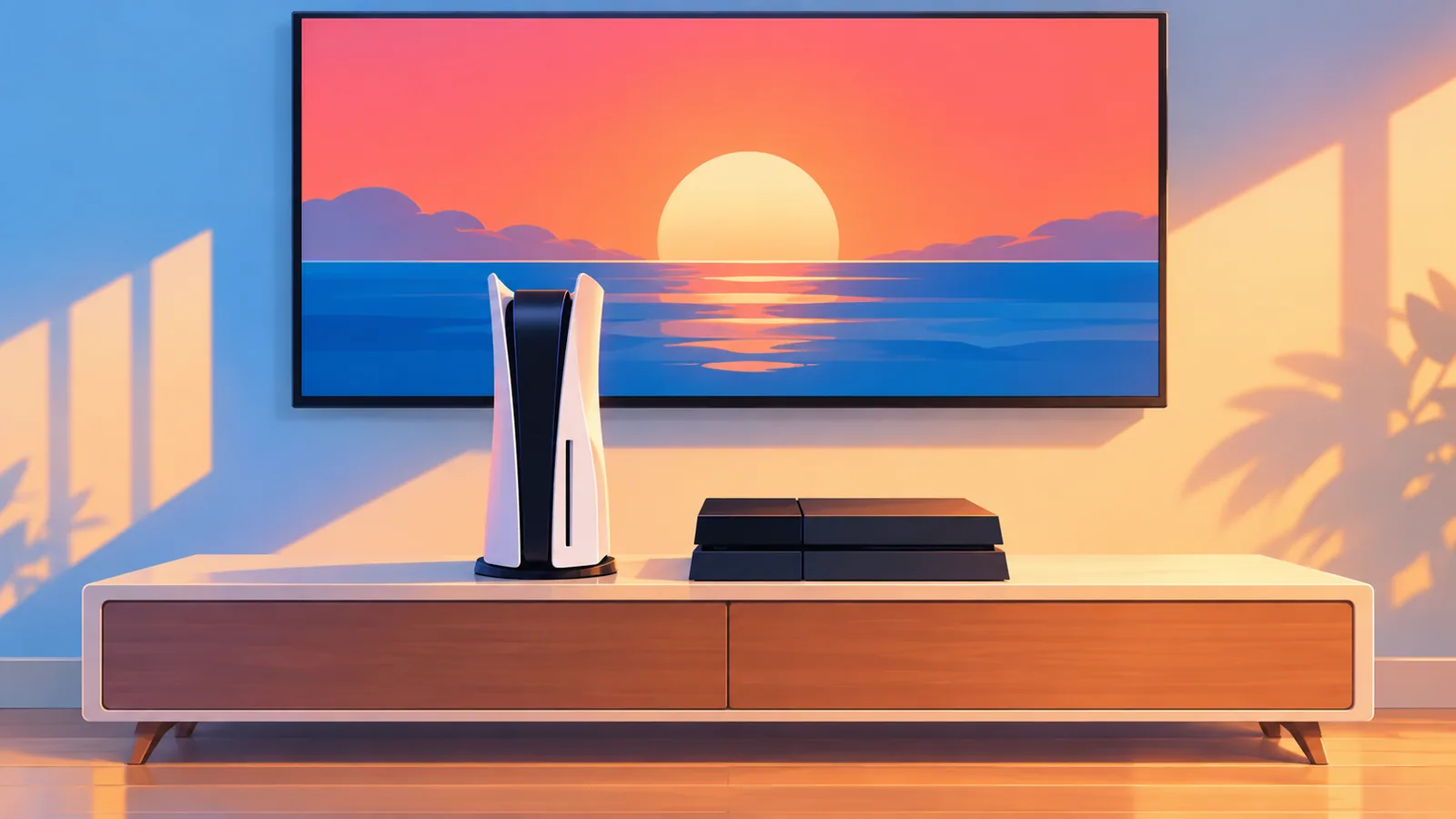 A PS5 and a PS4 side by side on a TV stand in a living room