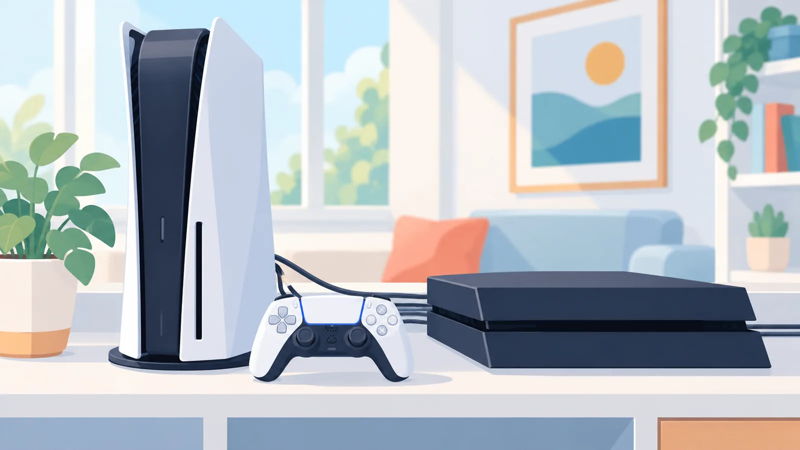 A PS5 and a PS4 connected and ready for a two-console setup