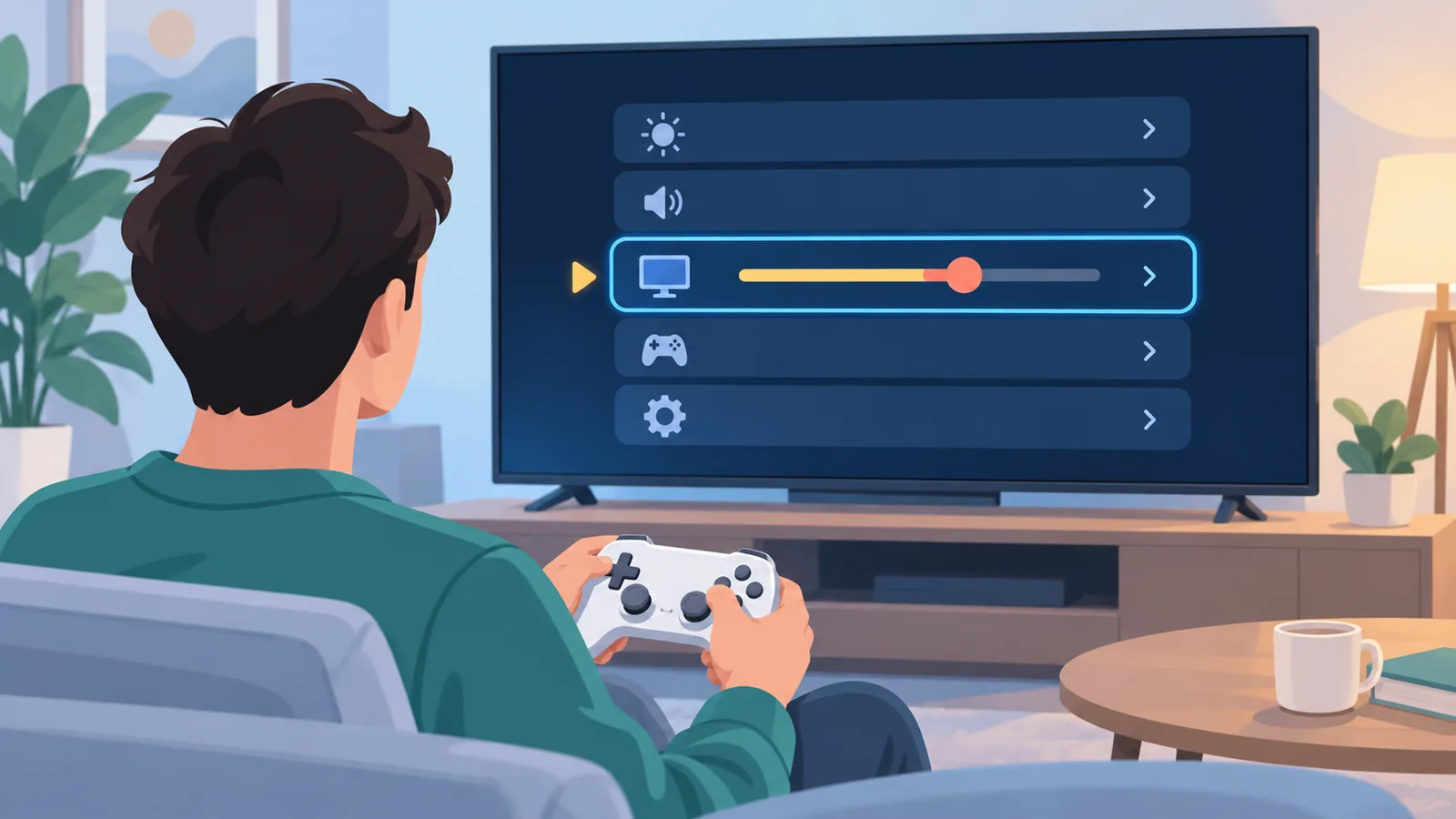 A player navigating a console settings menu on a TV