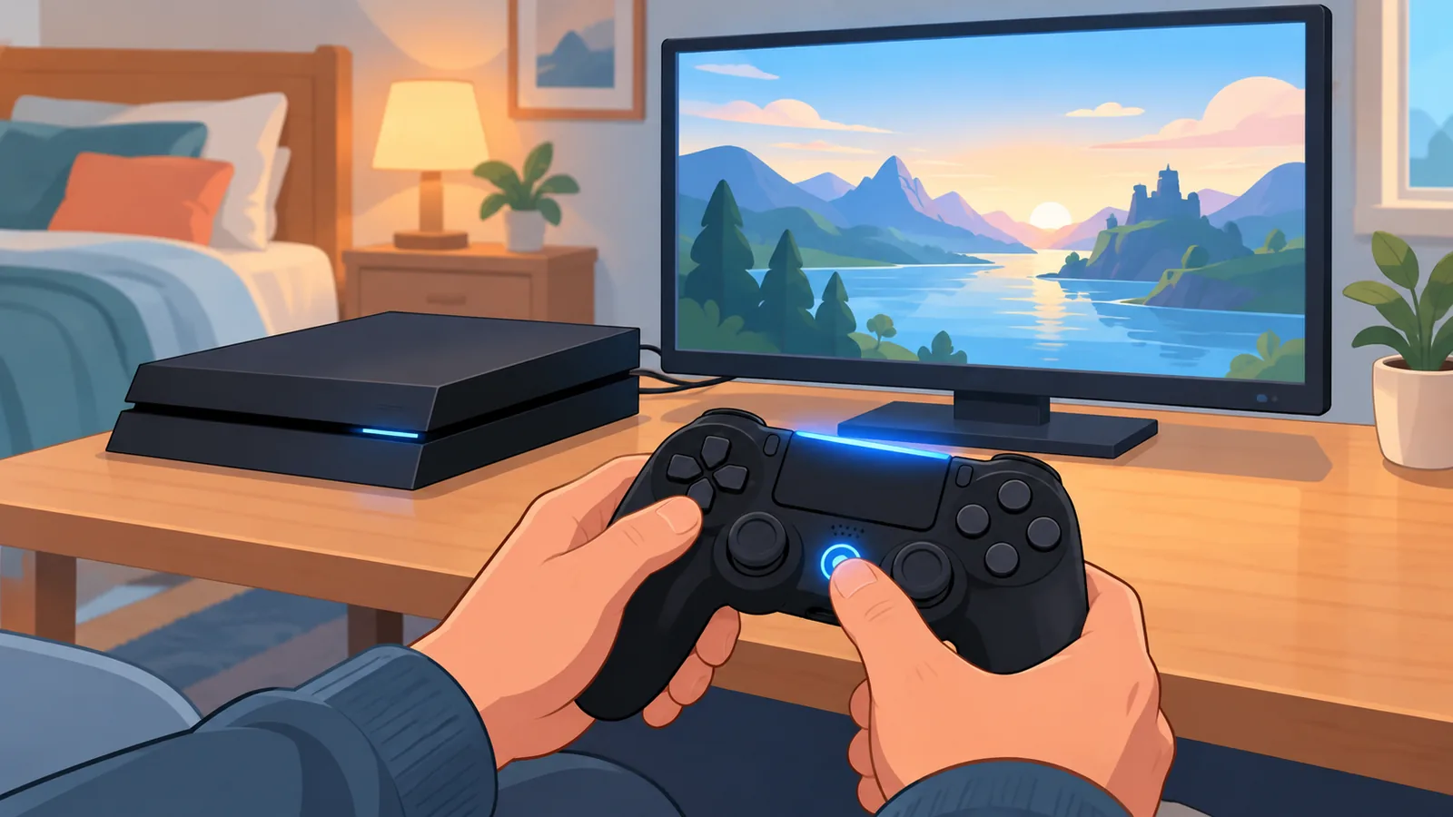 A PS4 being set up as a primary console in a bedroom