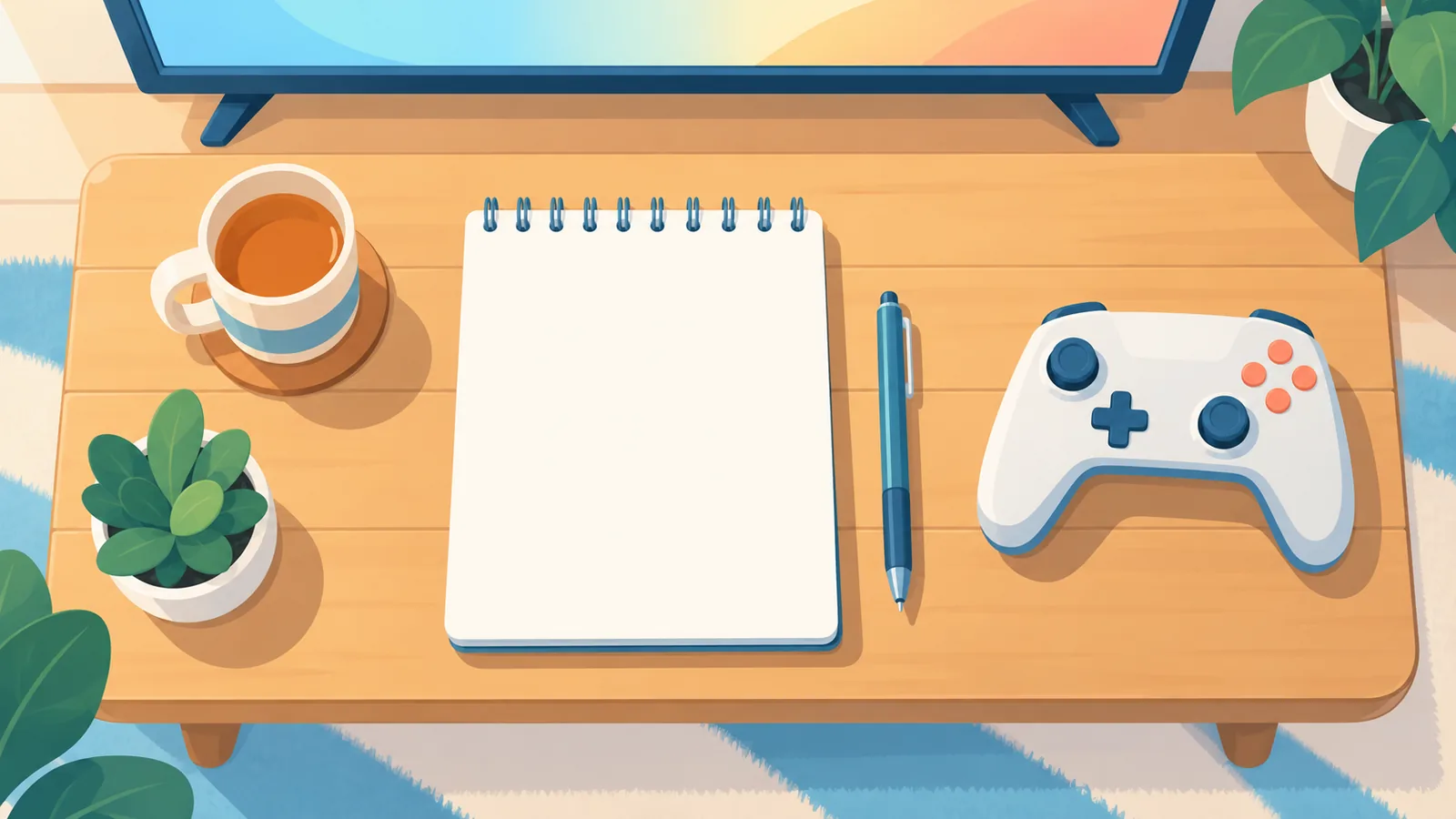 A blank checklist beside a game controller on a coffee table
