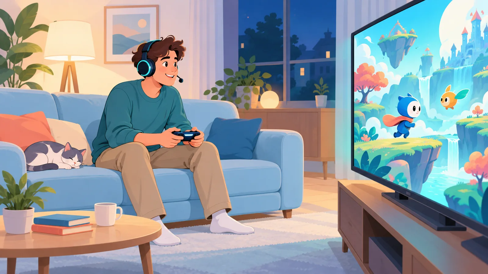 A player enjoying online multiplayer on a couch