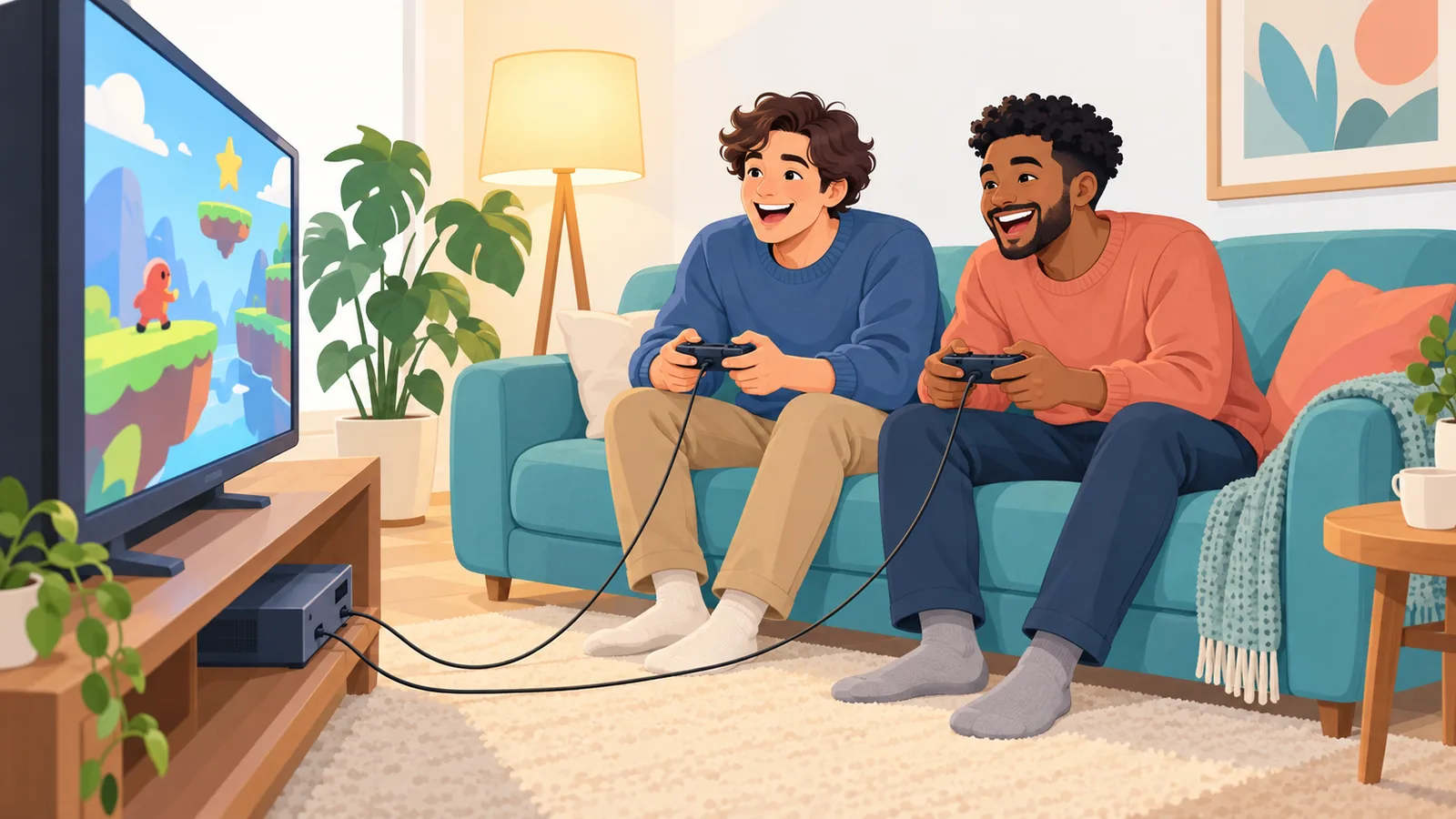Two friends playing together in a shared game session