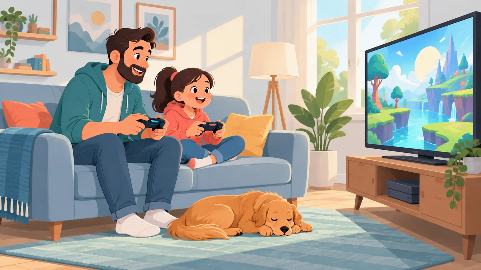 A parent and child gaming together at home