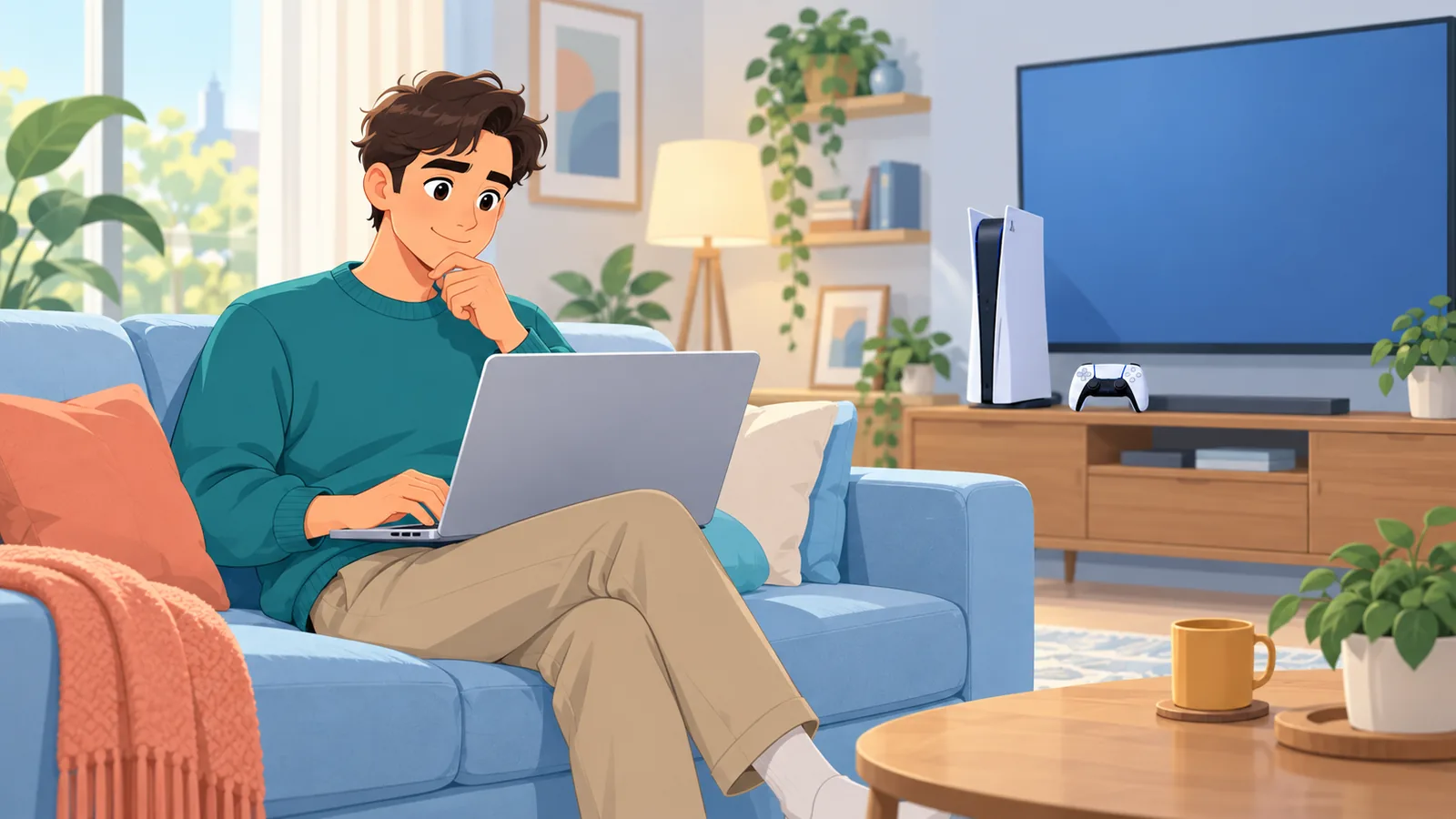 A person researching console sharing questions on a laptop
