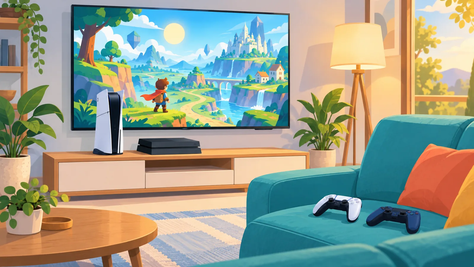 A finished two-console gaming setup ready to play