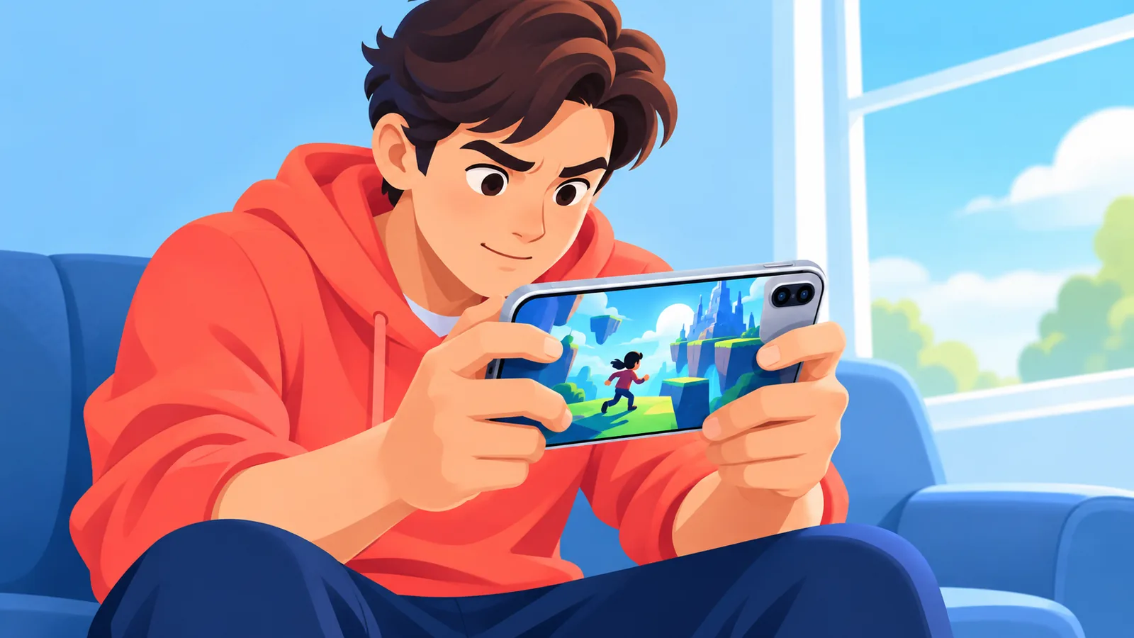 Person holding an iPhone streaming a game in a living room