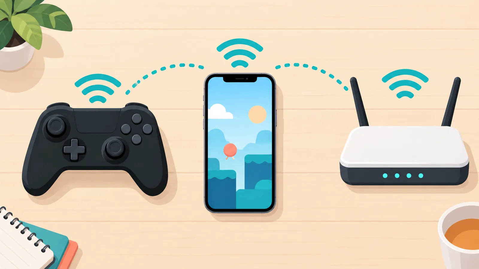 iPhone, controller, and router laid out on a desk