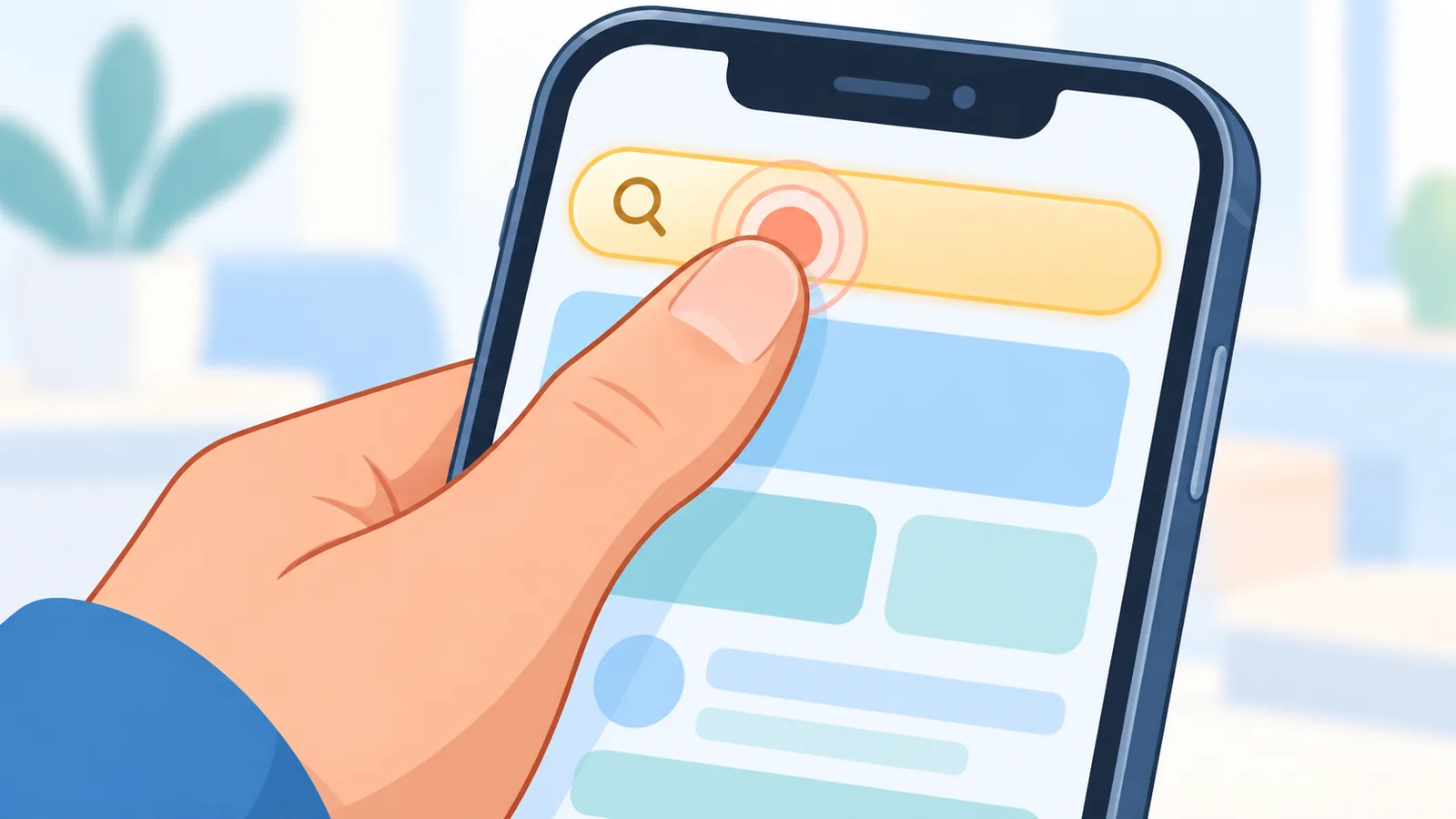 Thumb tapping a browser address bar on an iPhone
