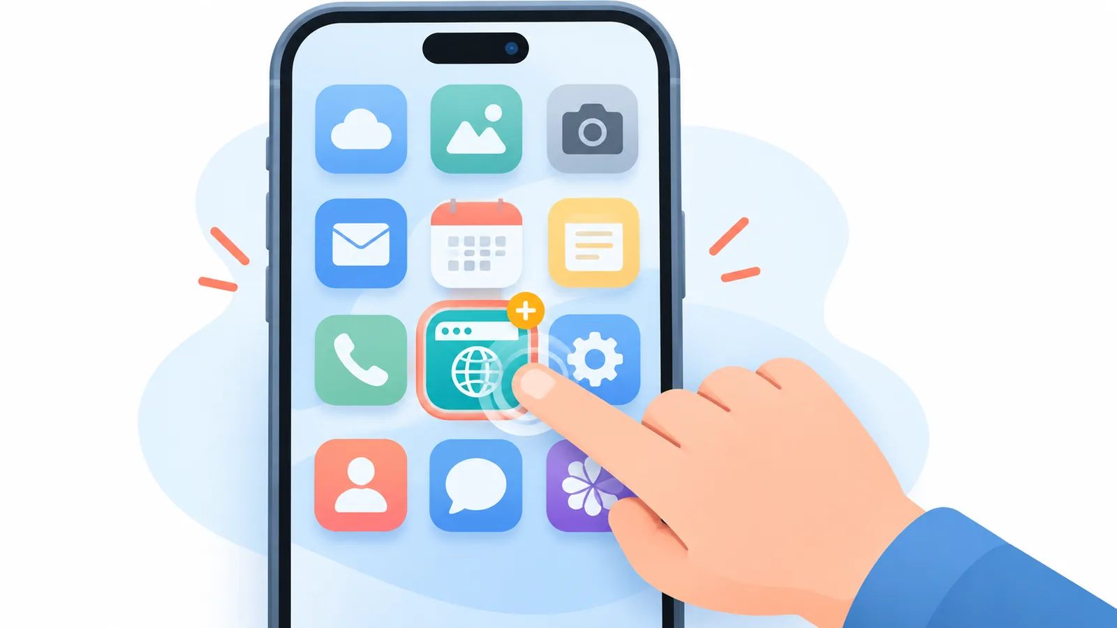 Hand tapping a web shortcut icon on an iPhone home screen