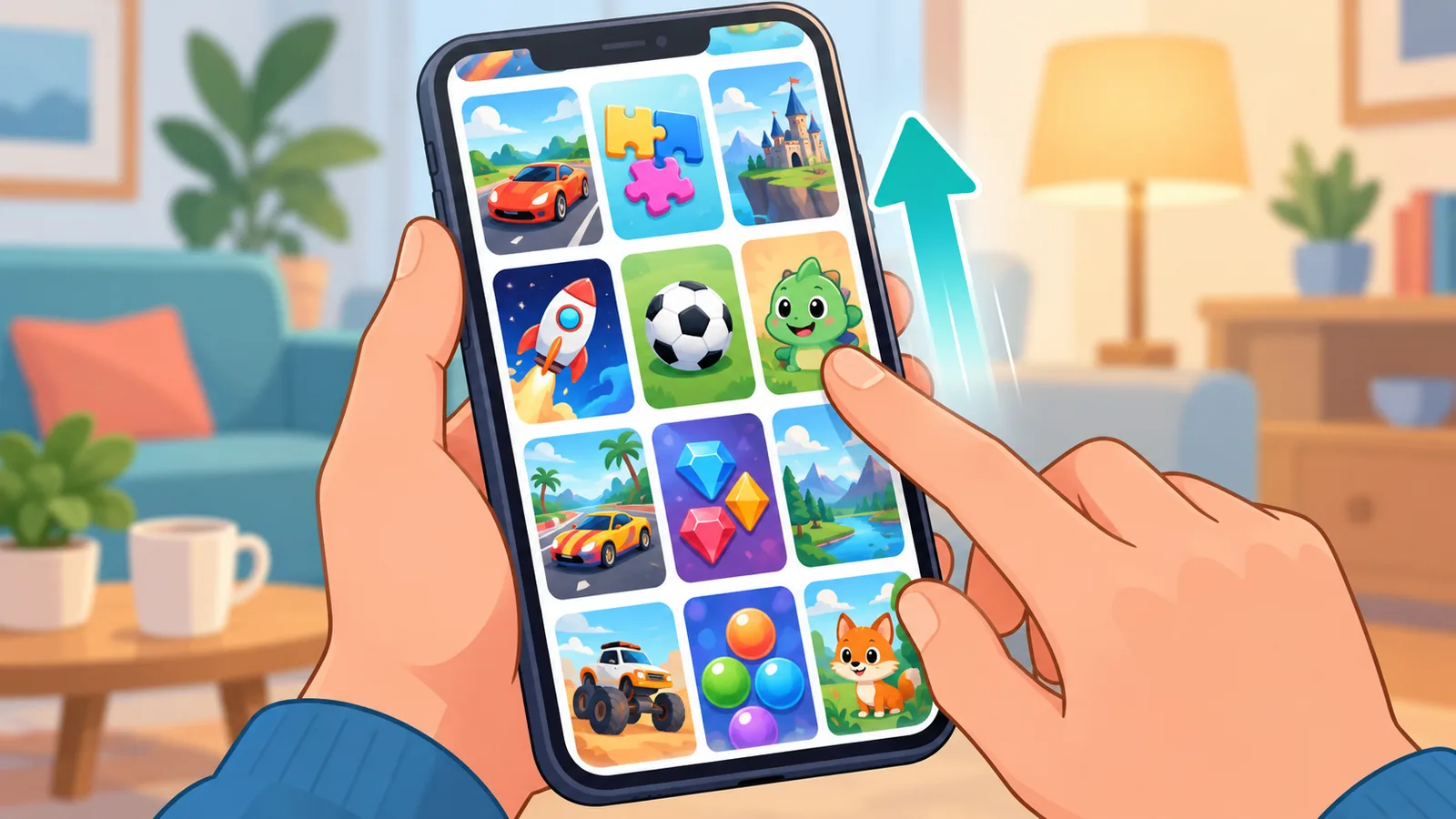 Hands browsing a grid of game thumbnails on an iPhone