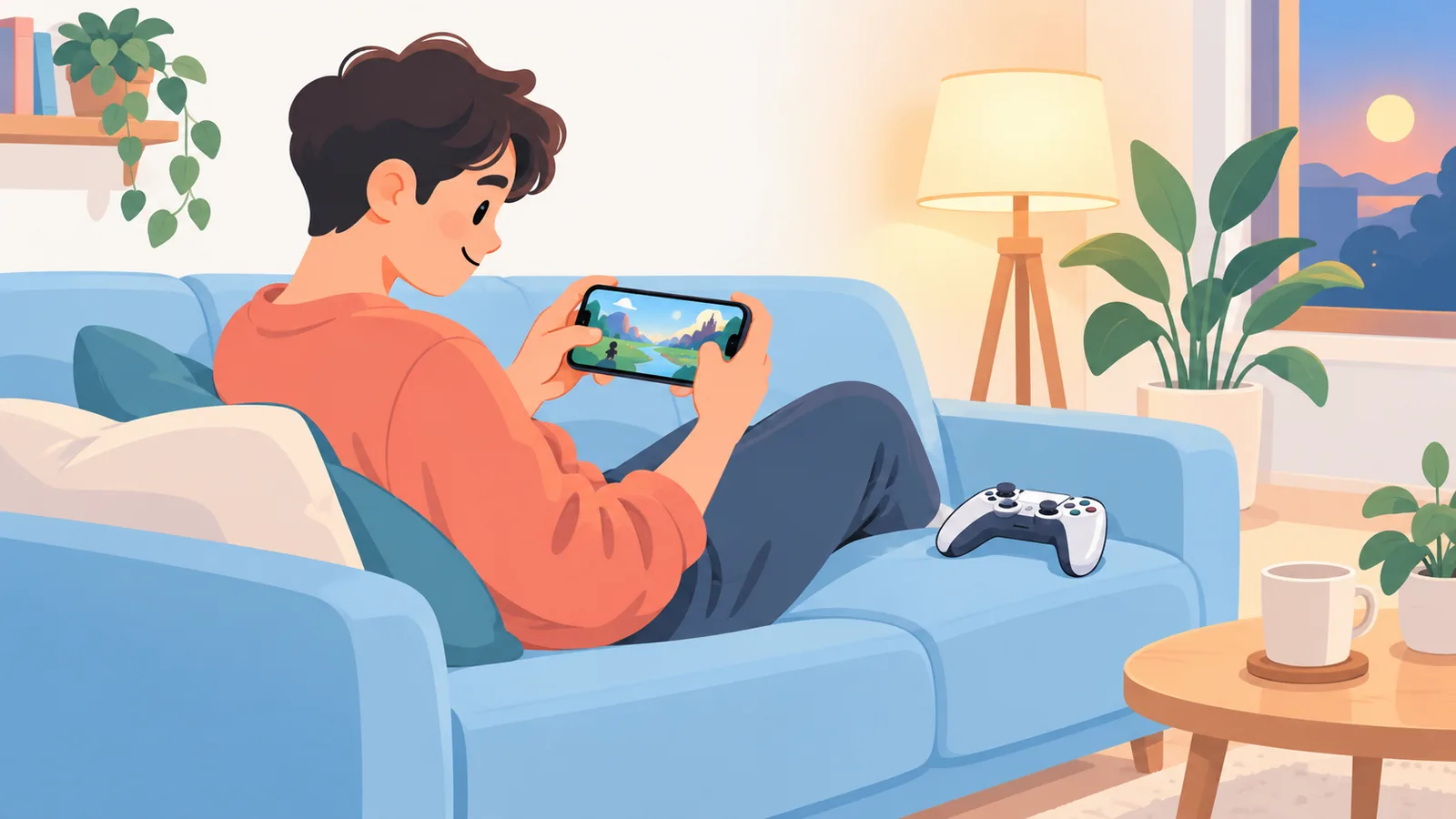 Player with an iPhone and a wireless controller on a sofa