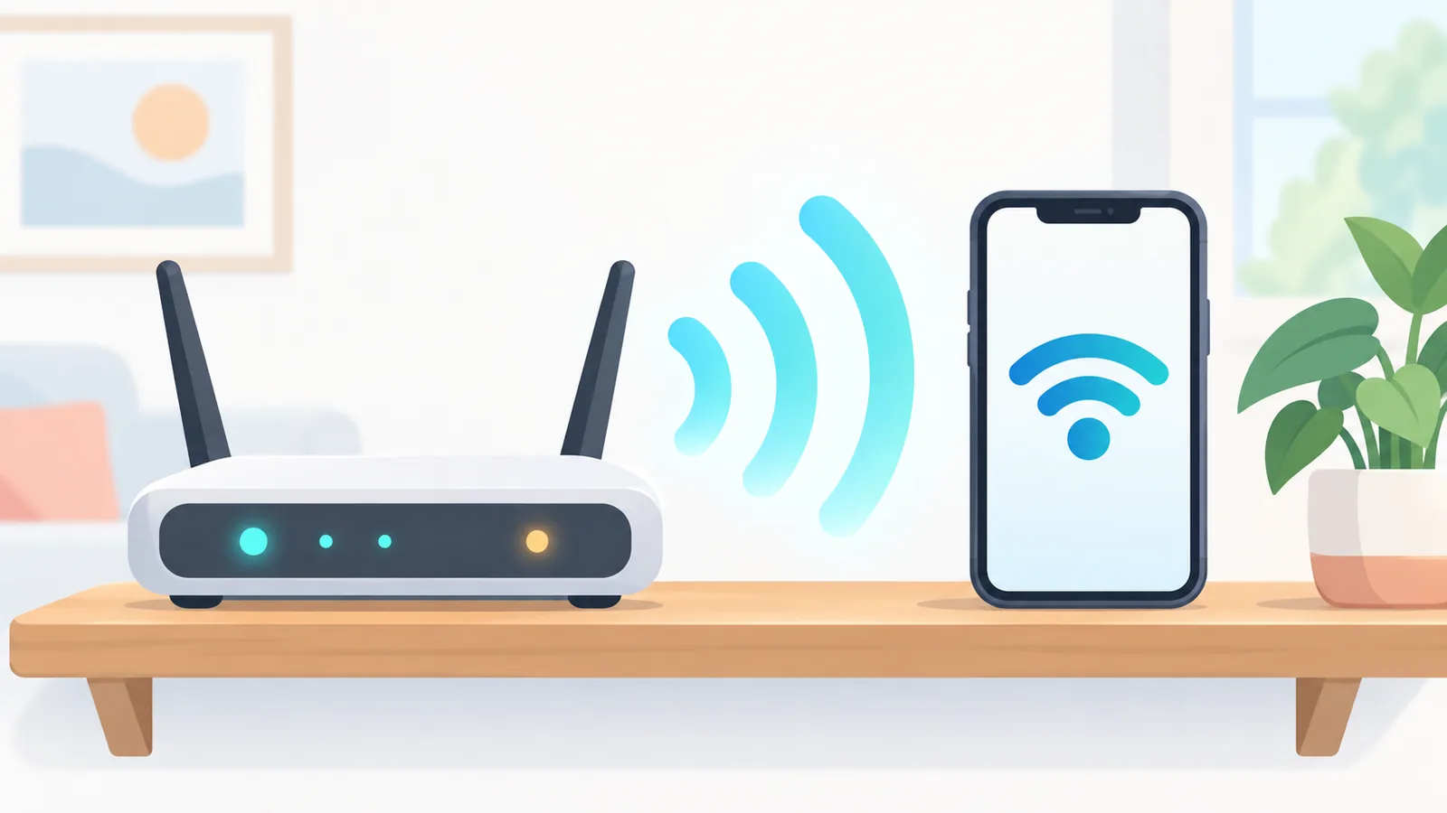 Wi-Fi router beside a smartphone on a shelf