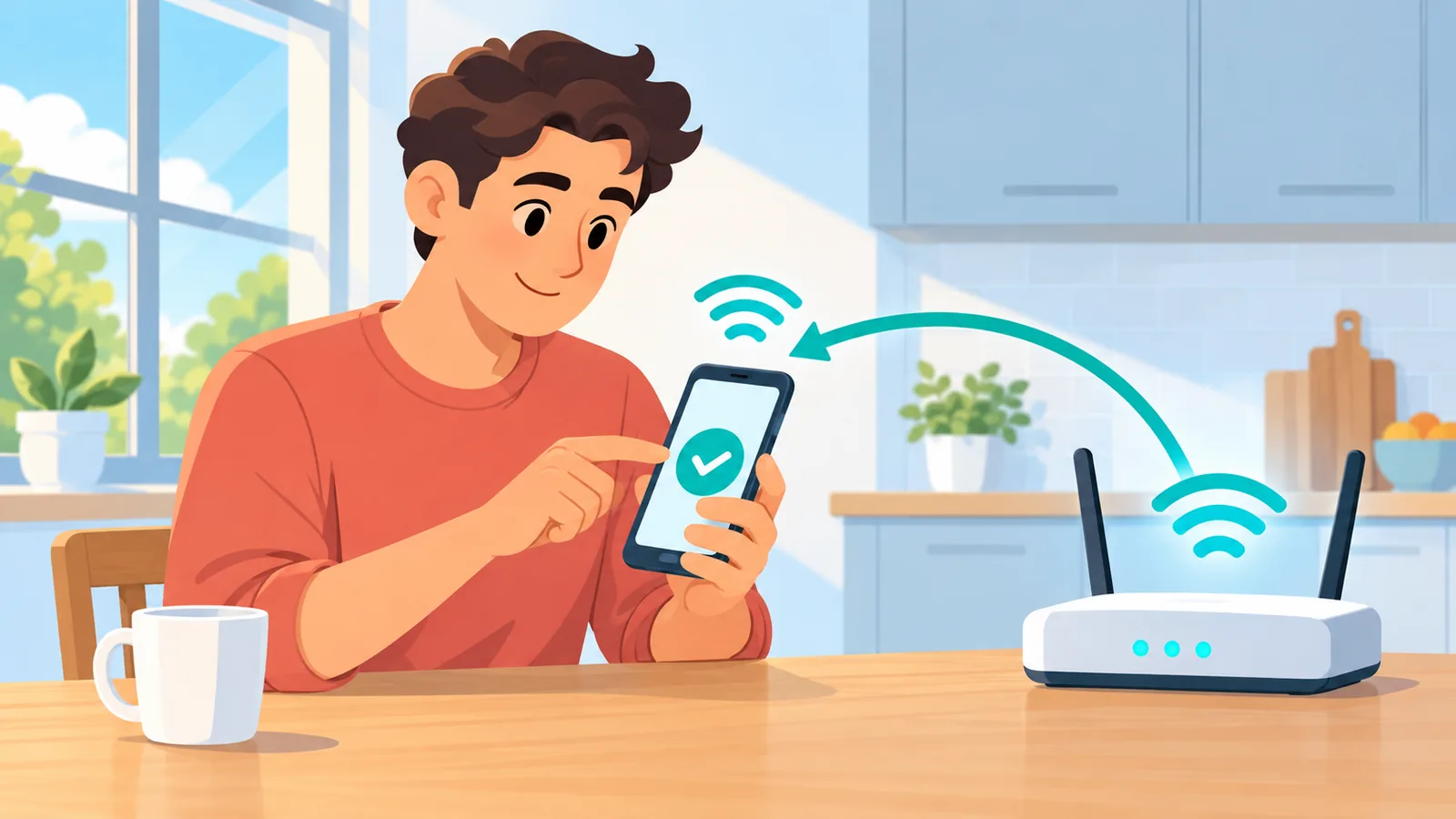 Person troubleshooting a phone and router at a kitchen table