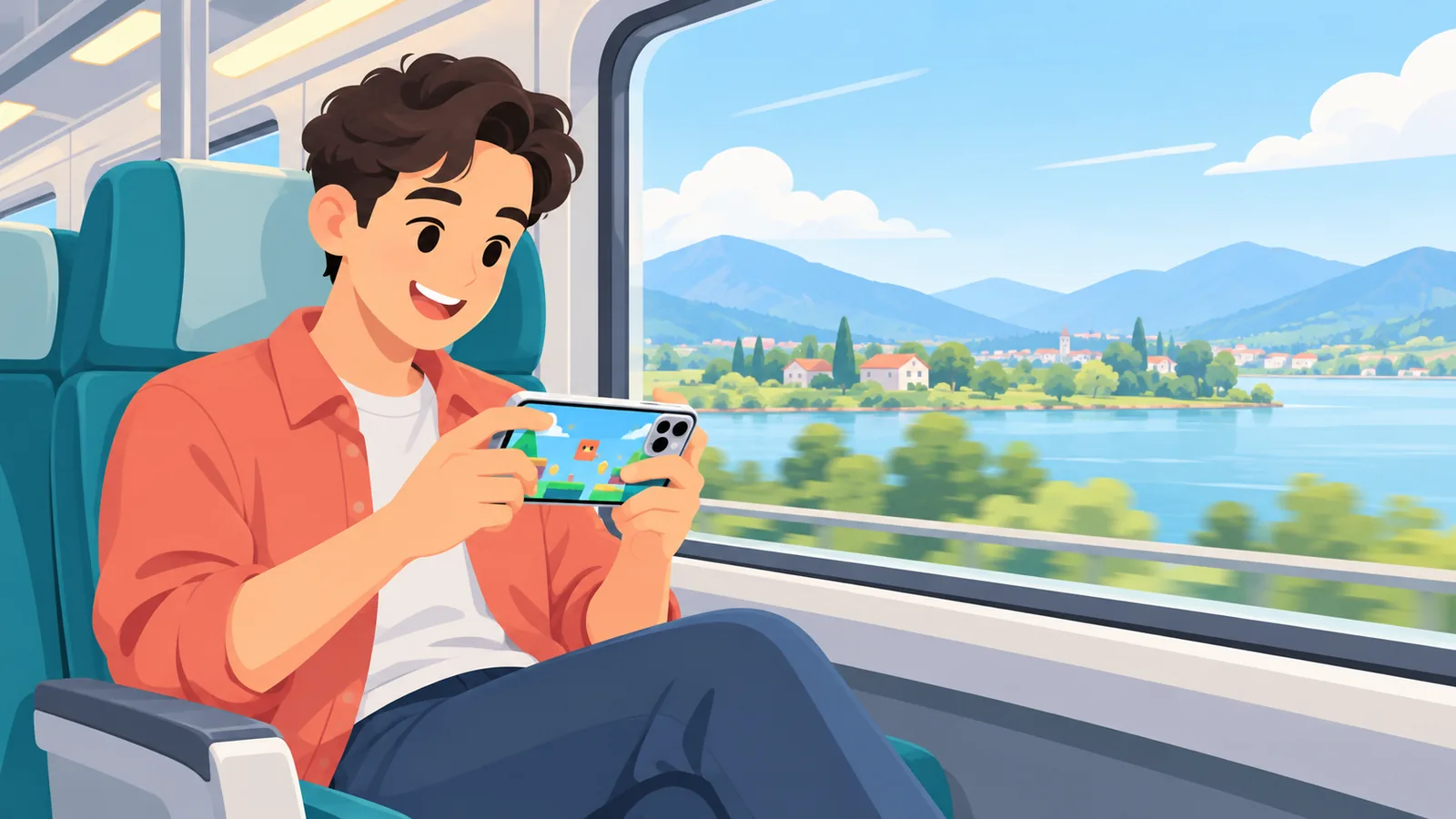 Smiling person playing a game on an iPhone on a train