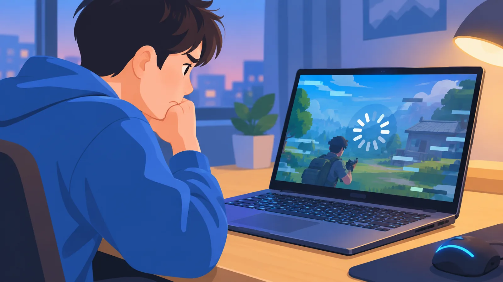 Player looking at a gaming laptop with a stuttering game on screen