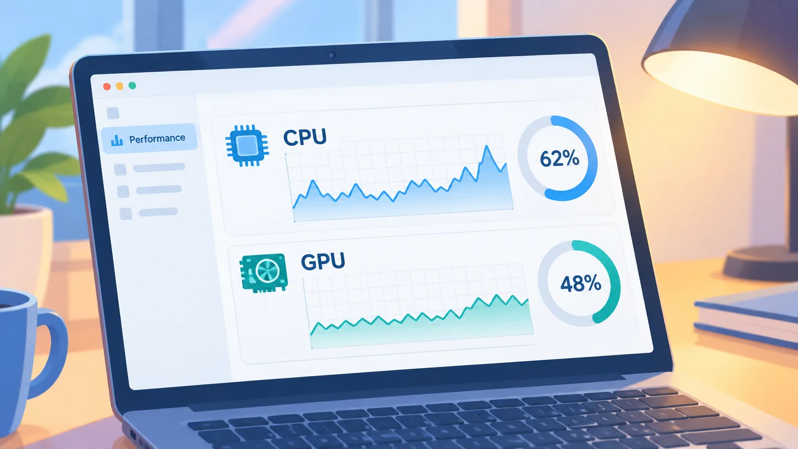Task Manager Performance tab showing CPU and GPU usage graphs