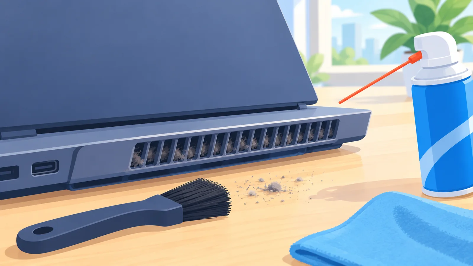 Dusty laptop exhaust vent next to a brush and compressed air