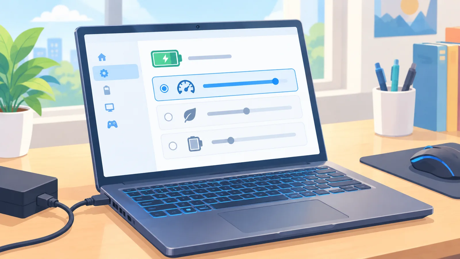 Gaming laptop plugged in with power mode settings open