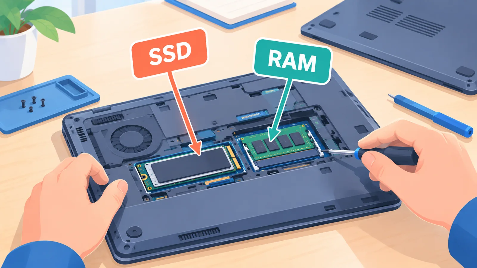 Laptop bottom panel open showing SSD and memory slots