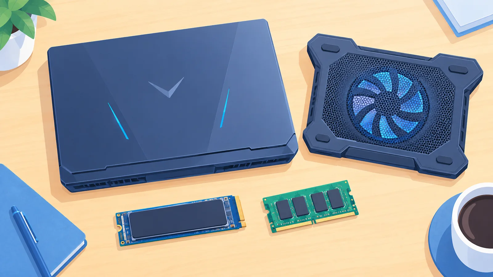Gaming laptop with cooling pad, SSD, and memory module on a table