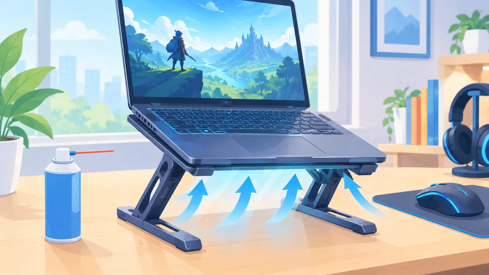 Gaming laptop raised on a stand for better airflow