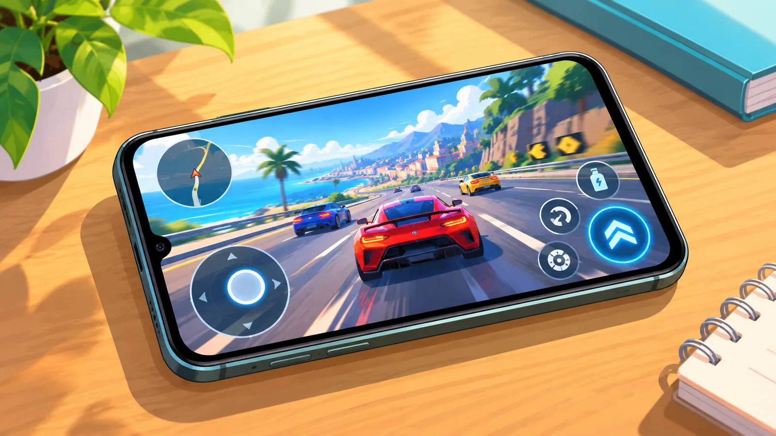 Android phone showing a game with on-screen touch controls