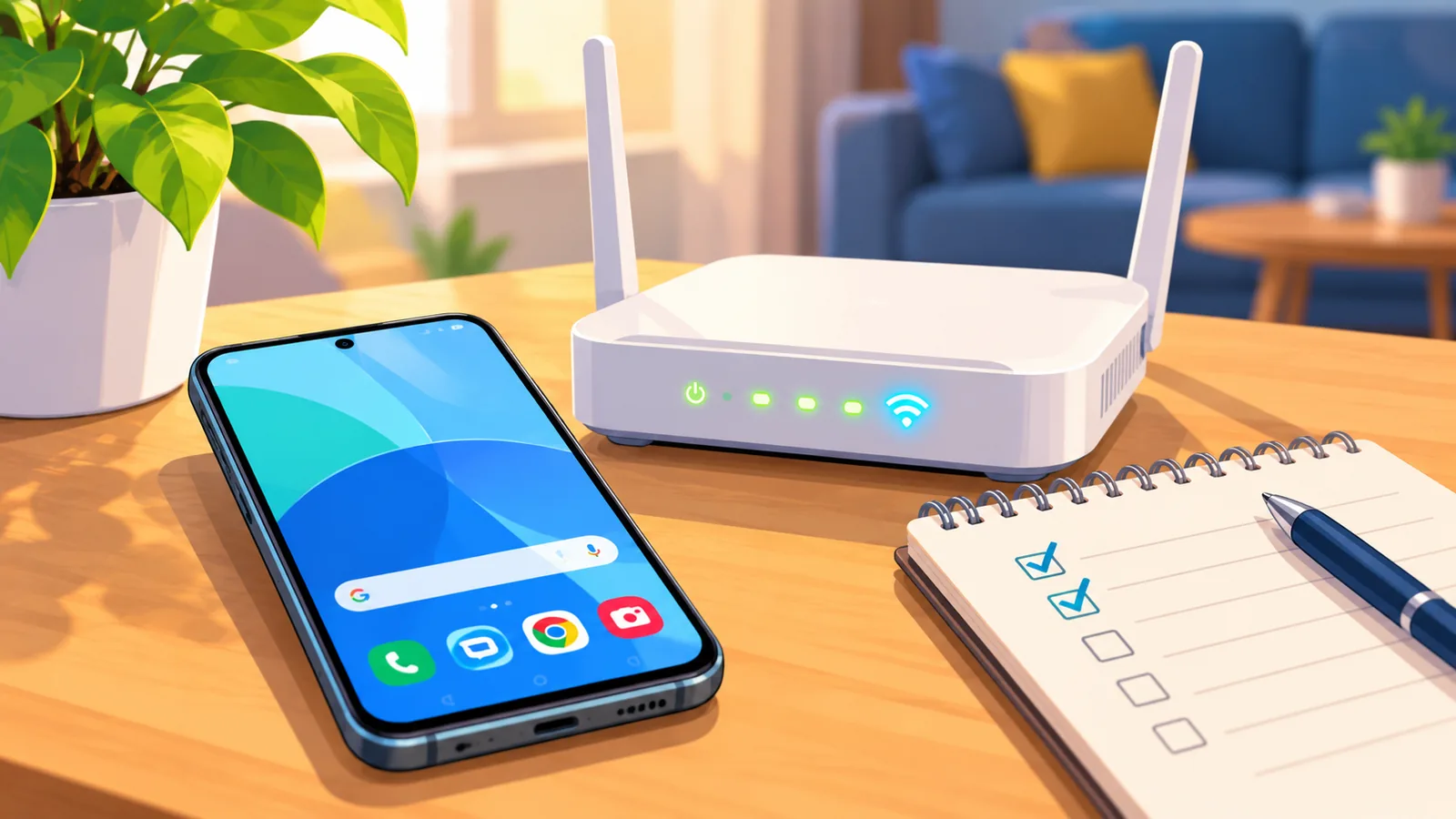 Android phone and Wi-Fi router set up for cloud gaming